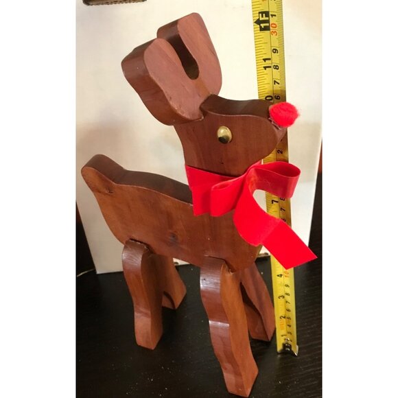 Handcrafted Wooden Reindeer Figurine With Red Bow & Bell 12" - Picture 6 of 6